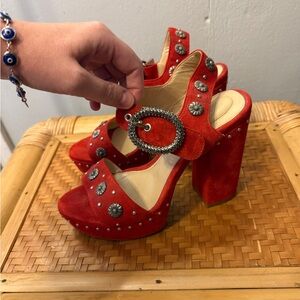 The Kooples red suede heels with silver accents
